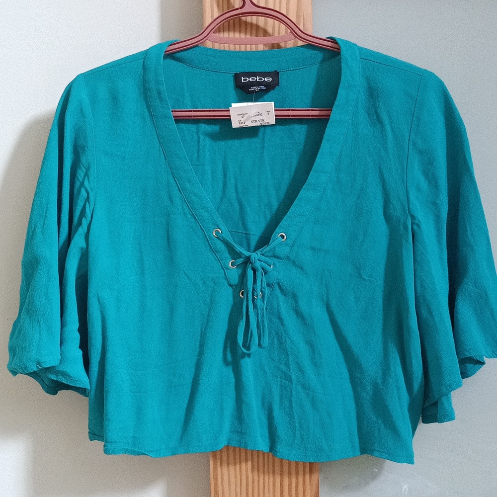 Bebe Boho Wide Sleeve Crop Top - turquoise